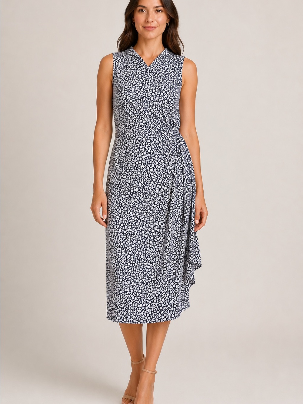 Lark & Ro Navy Floral Draped Sheath Sleeveless Stretch Career Midi Dress Size 12
